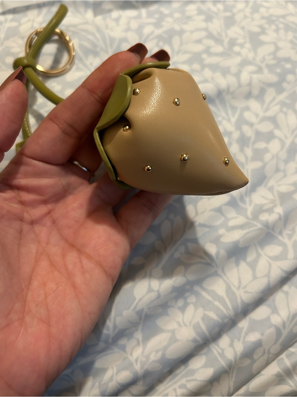 Women’s Beige Strawberry Charm Bag Keychain with Olive Accents